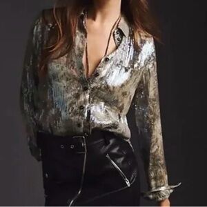 Pilcro Metallic Button Down Shirt - Silver